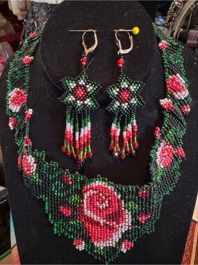Rose Seed Bead Necklace & Earrings